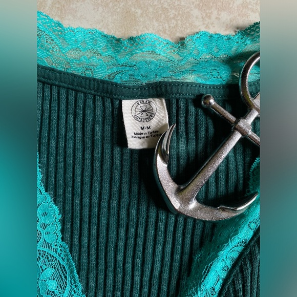 Urban outfitters dark green with a teal lace half button up top. - Picture 6 of 16
